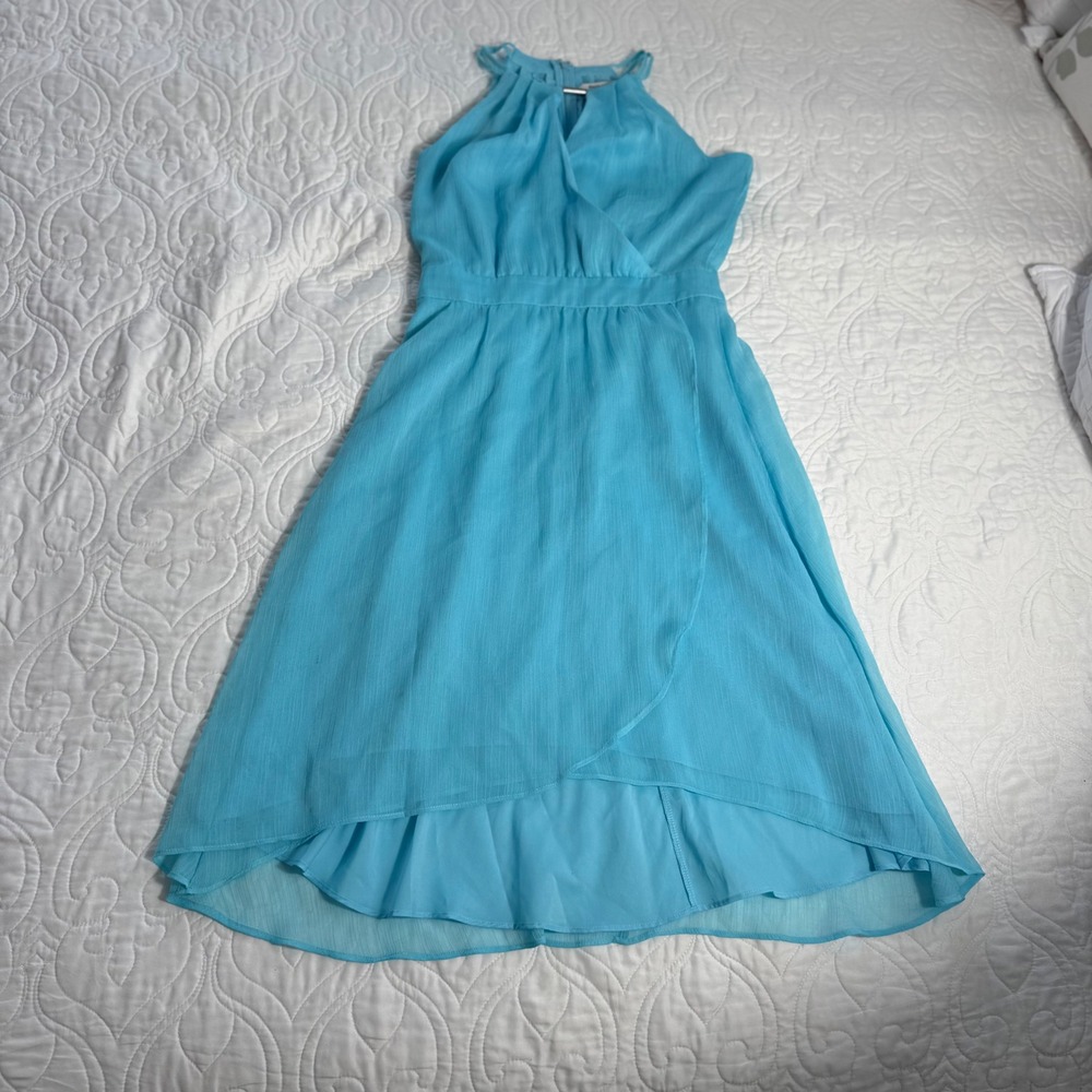 White House Black Market Baby Blue Halter High Low Chiffon Dress Size 0 EUC - Picture 5 of 14